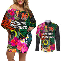 Penama Day Couples Matching Off Shoulder Short Dress and Long Sleeve Button Shirts Proud To Be A Ni-Van Beauty Pacific Flower LT03 Black - Polynesian Pride