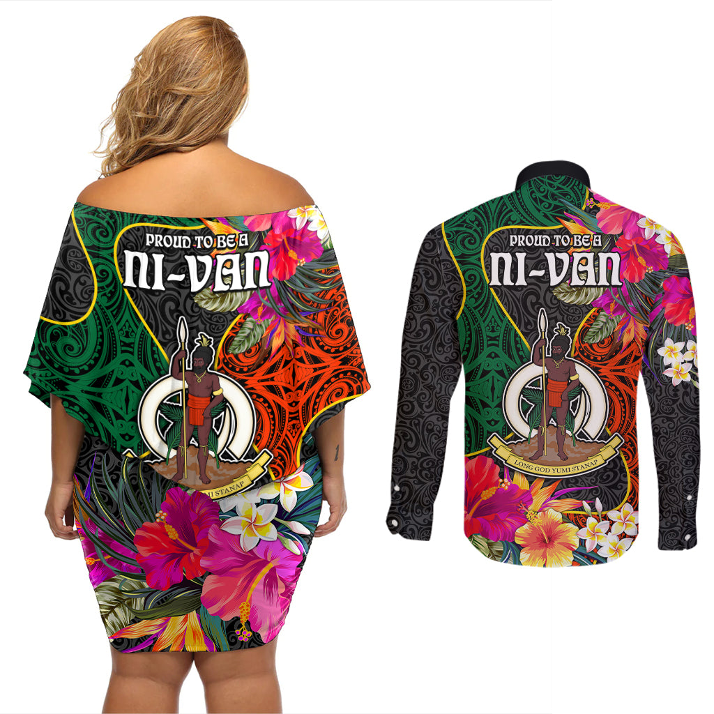 Penama Day Couples Matching Off Shoulder Short Dress and Long Sleeve Button Shirts Proud To Be A Ni-Van Beauty Pacific Flower LT03 - Polynesian Pride