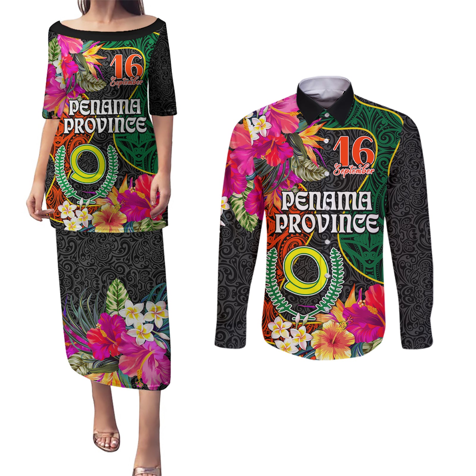 Penama Day Couples Matching Puletasi Dress and Long Sleeve Button Shirts Proud To Be A Ni-Van Beauty Pacific Flower LT03 Black - Polynesian Pride