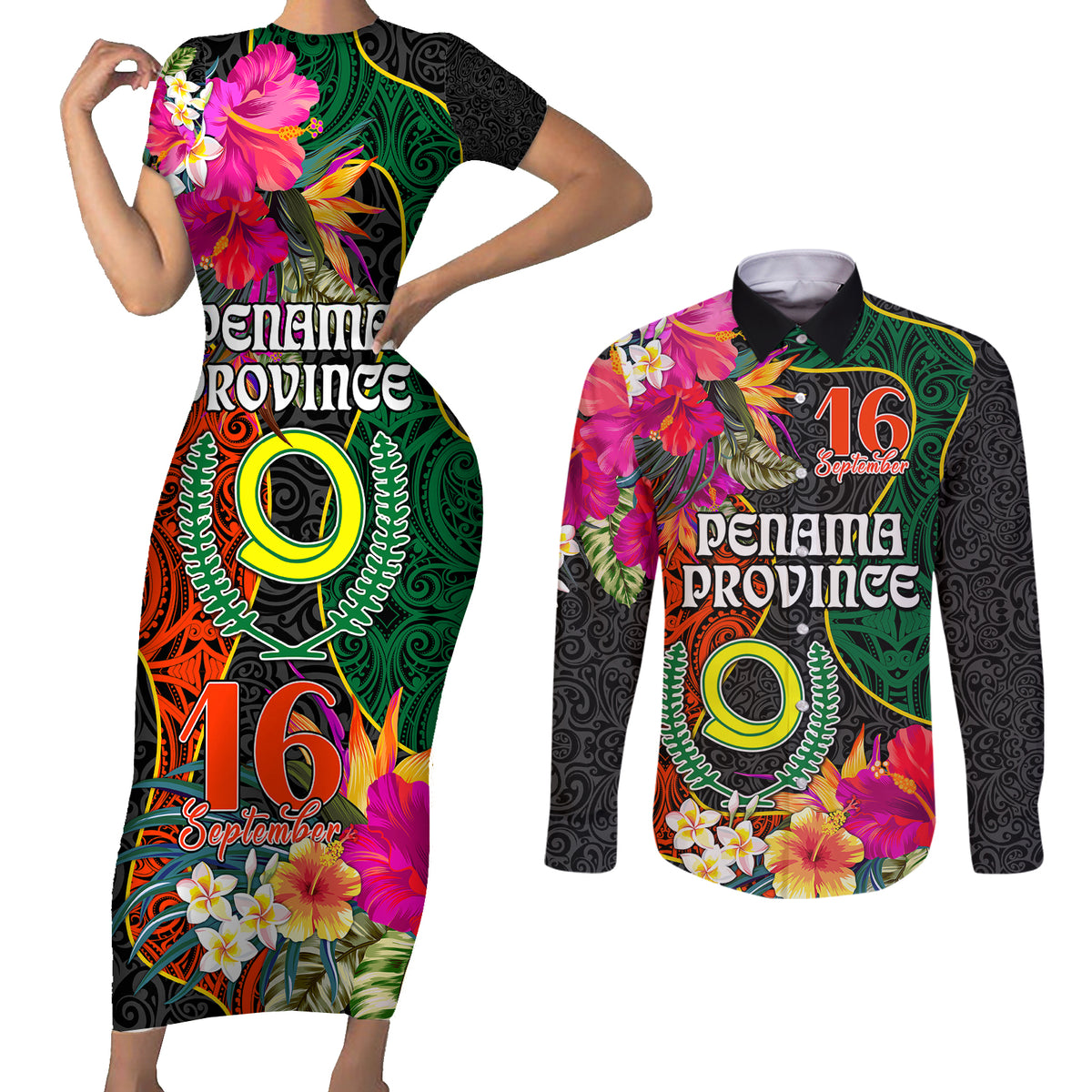 Penama Day Couples Matching Short Sleeve Bodycon Dress and Long Sleeve Button Shirts Proud To Be A Ni-Van Beauty Pacific Flower LT03 Black - Polynesian Pride