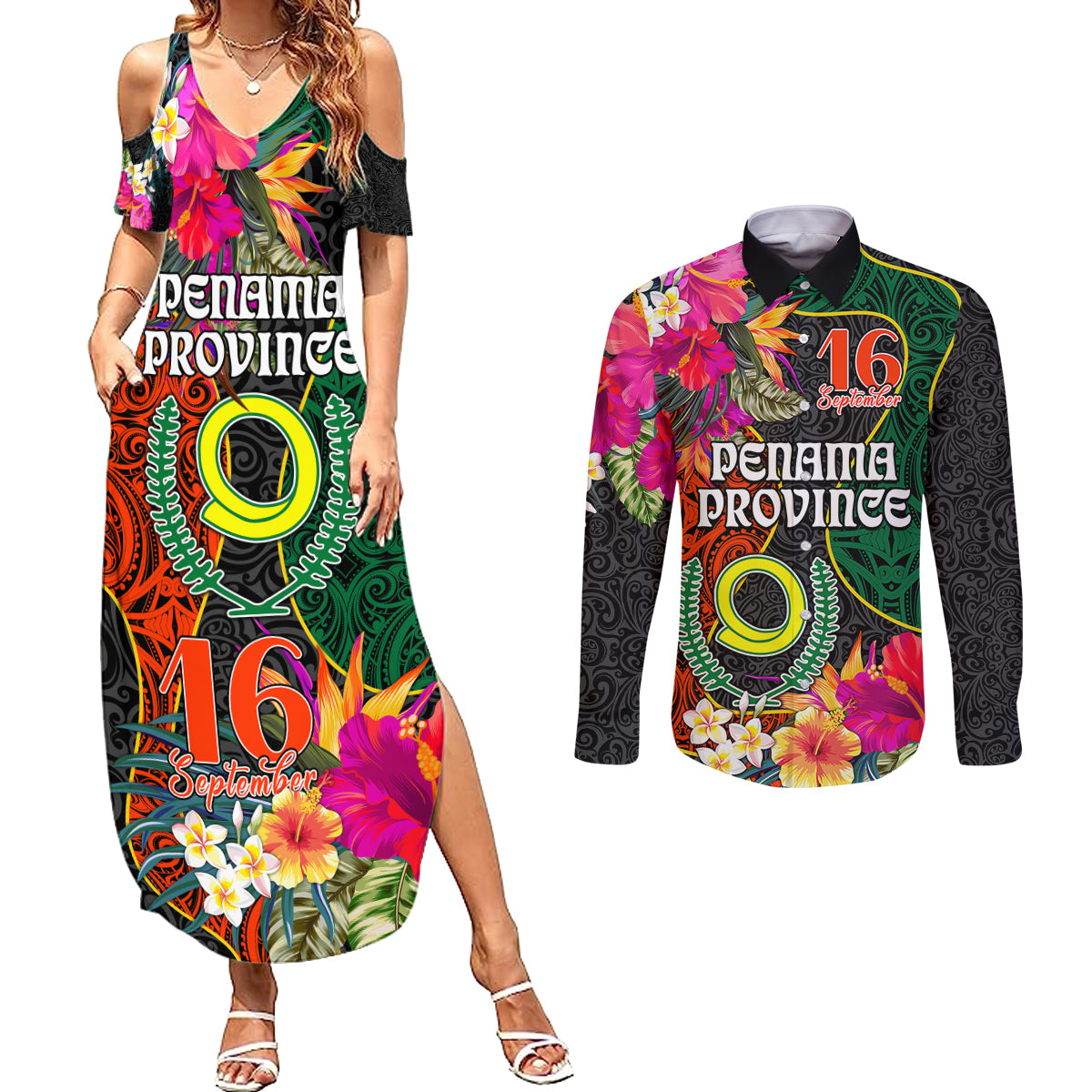 Penama Day Couples Matching Summer Maxi Dress and Long Sleeve Button Shirts Proud To Be A Ni-Van Beauty Pacific Flower LT03 Black - Polynesian Pride