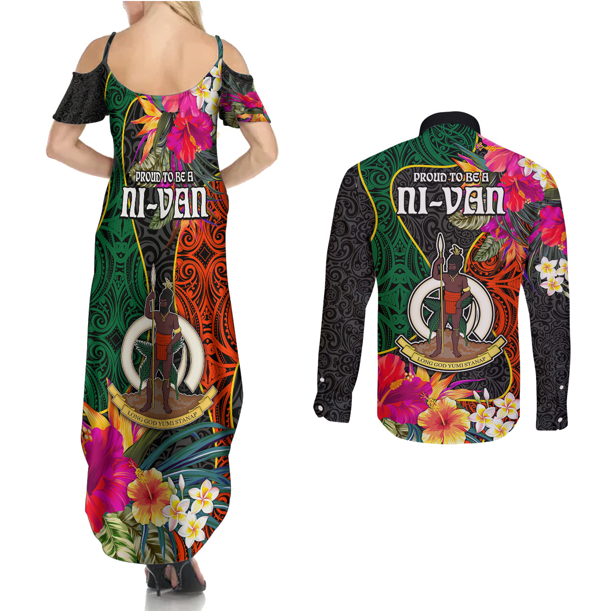 Penama Day Couples Matching Summer Maxi Dress and Long Sleeve Button Shirts Proud To Be A Ni-Van Beauty Pacific Flower LT03 - Polynesian Pride