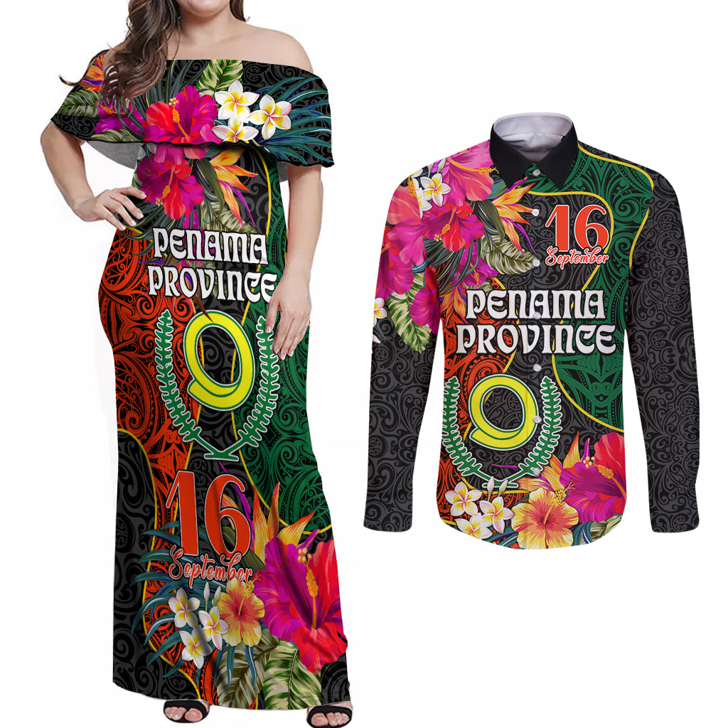 Personalised Penama Day Couples Matching Off Shoulder Maxi Dress and Long Sleeve Button Shirts Proud To Be A Ni-Van Beauty Pacific Flower LT03 Black - Polynesian Pride