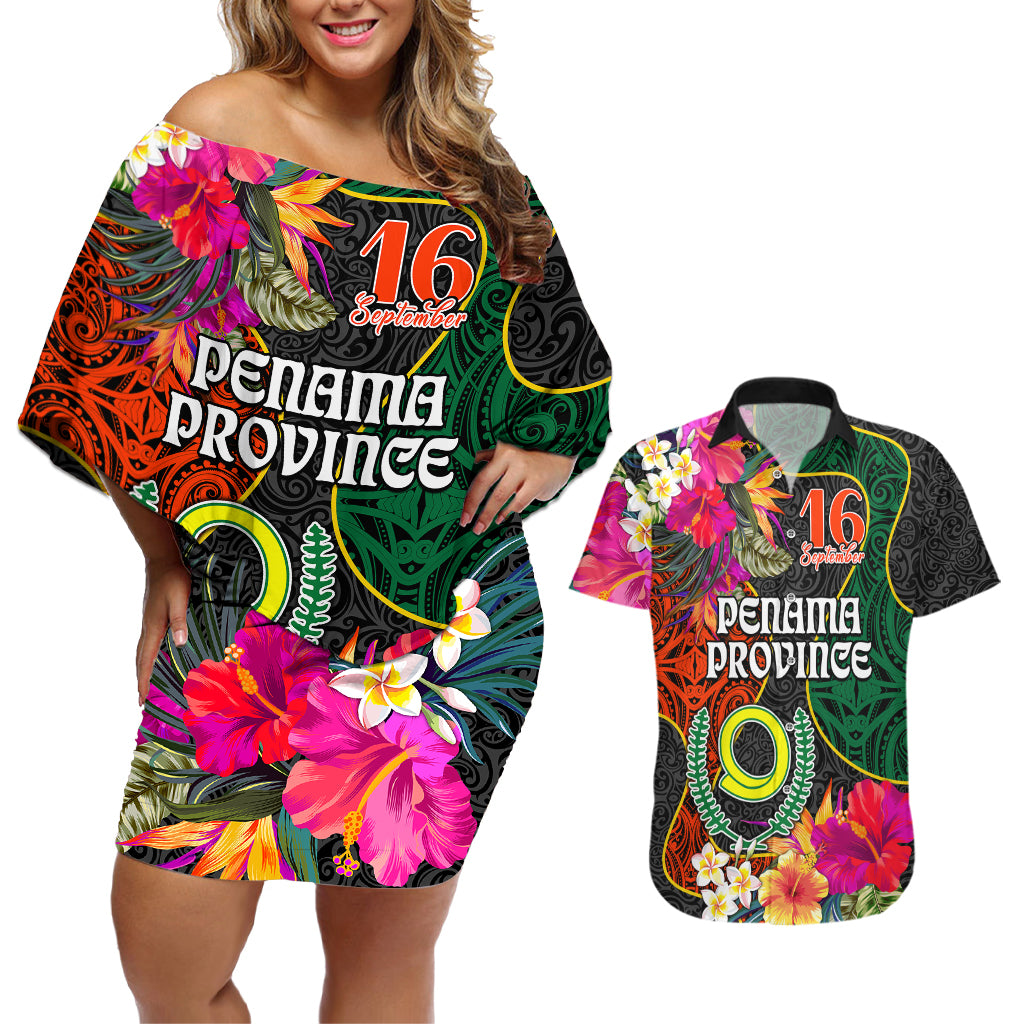 Personalised Penama Day Couples Matching Off Shoulder Short Dress and Hawaiian Shirt Proud To Be A Ni-Van Beauty Pacific Flower LT03 Black - Polynesian Pride
