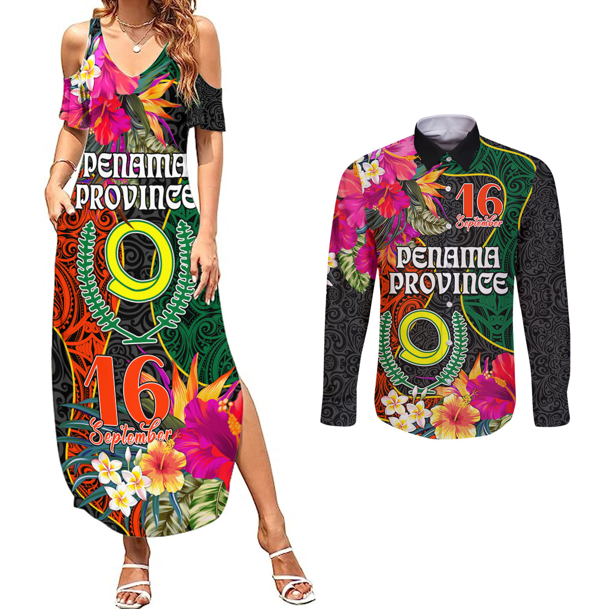 Personalised Penama Day Couples Matching Summer Maxi Dress and Long Sleeve Button Shirts Proud To Be A Ni-Van Beauty Pacific Flower LT03 Black - Polynesian Pride