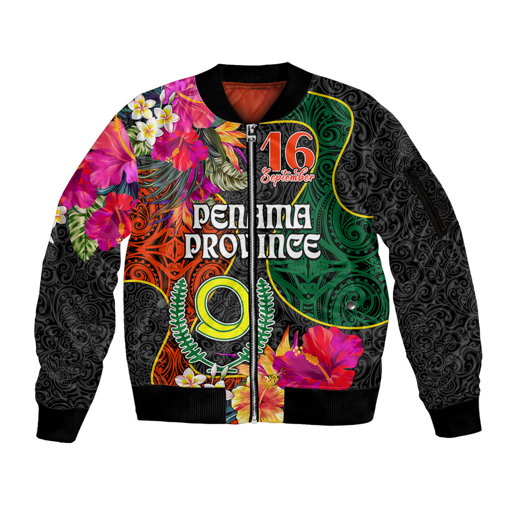 Personalised Penama Day Sleeve Zip Bomber Jacket Proud To Be A Ni-Van Beauty Pacific Flower LT03 Unisex Black - Polynesian Pride