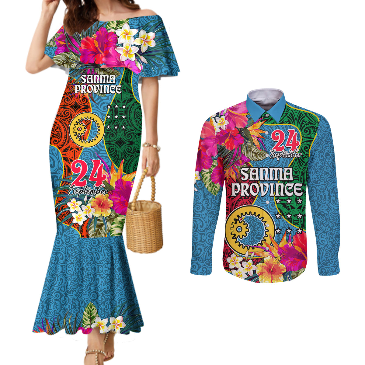 Sanma Day Couples Matching Mermaid Dress and Long Sleeve Button Shirts Proud To Be A Ni-Van Beauty Pacific Flower LT03 Blue - Polynesian Pride