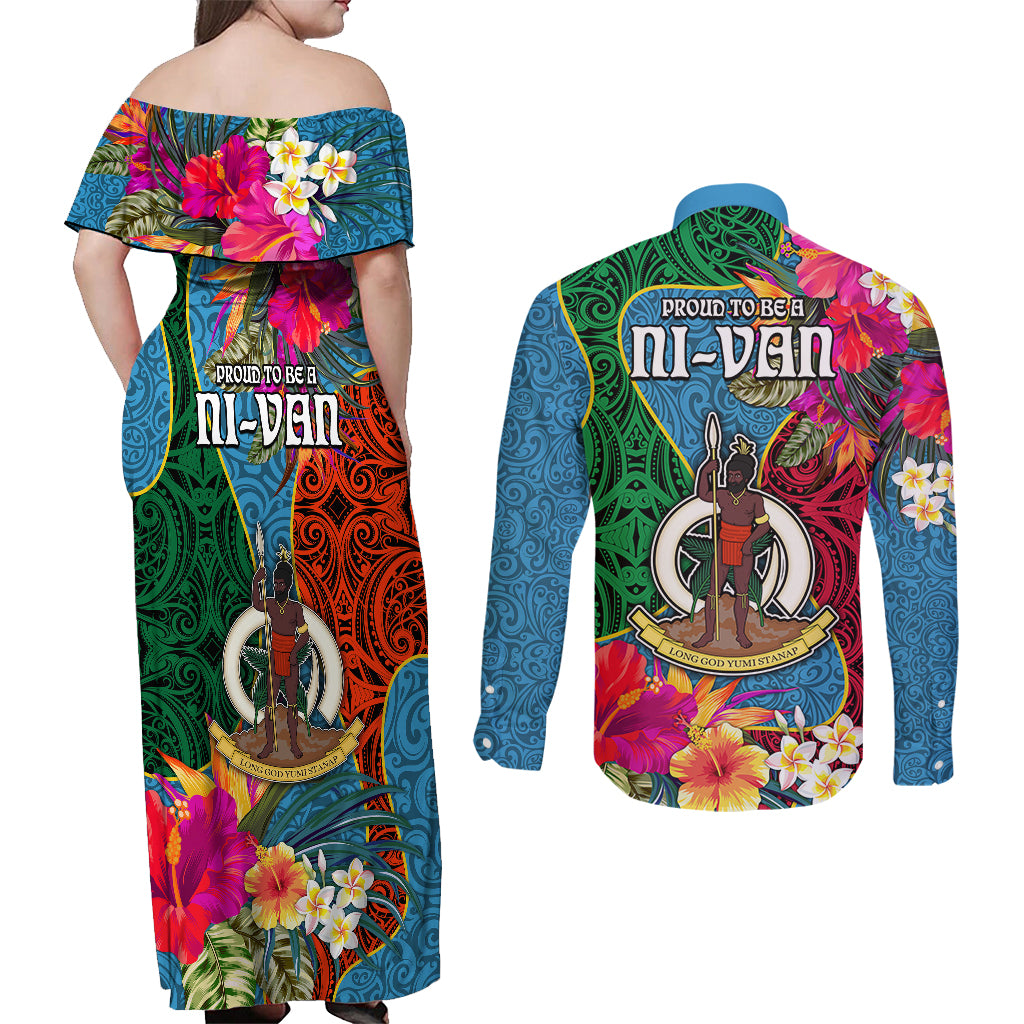Sanma Day Couples Matching Off Shoulder Maxi Dress and Long Sleeve Button Shirts Proud To Be A Ni-Van Beauty Pacific Flower LT03 - Polynesian Pride