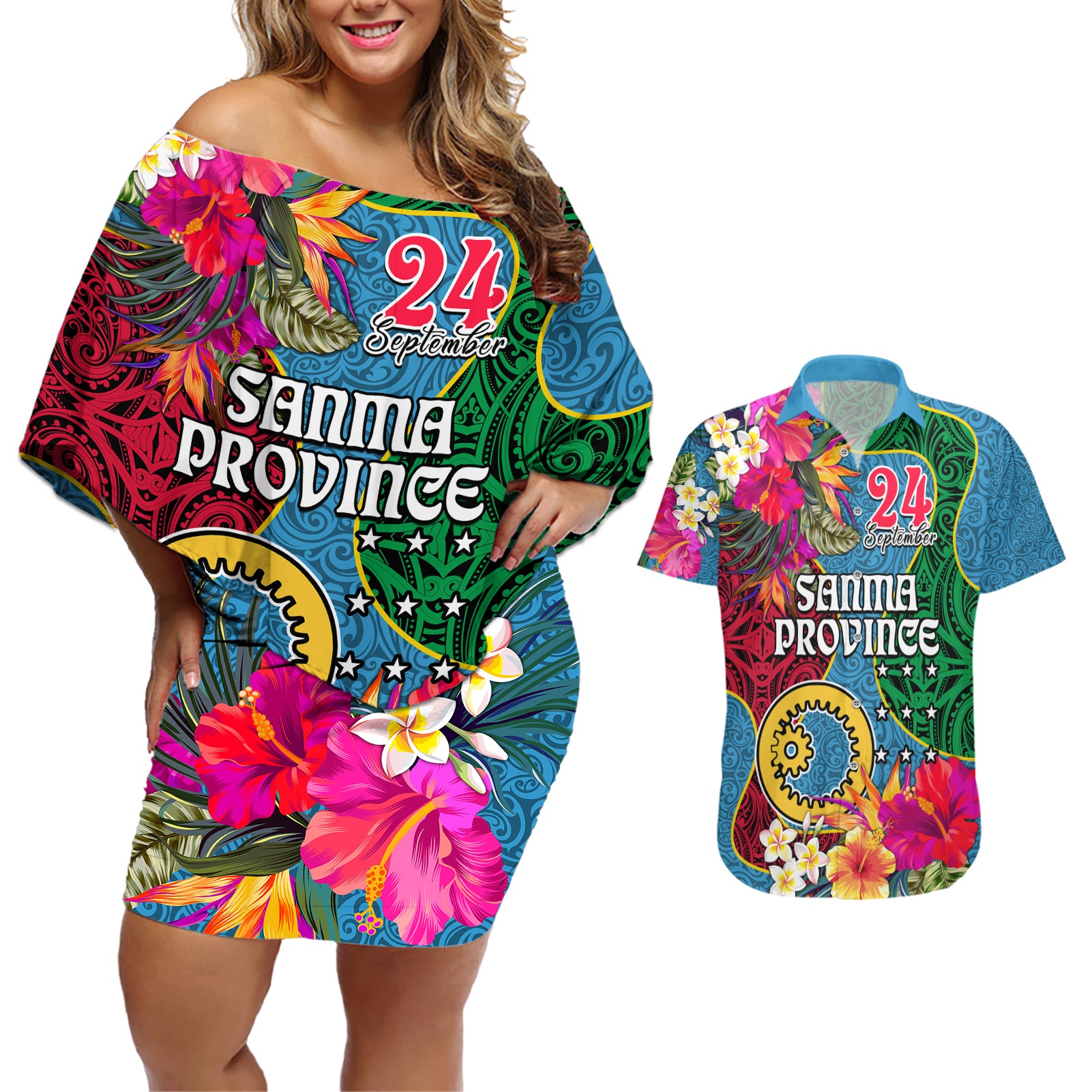 Sanma Day Couples Matching Off Shoulder Short Dress and Hawaiian Shirt Proud To Be A Ni-Van Beauty Pacific Flower LT03 Blue - Polynesian Pride