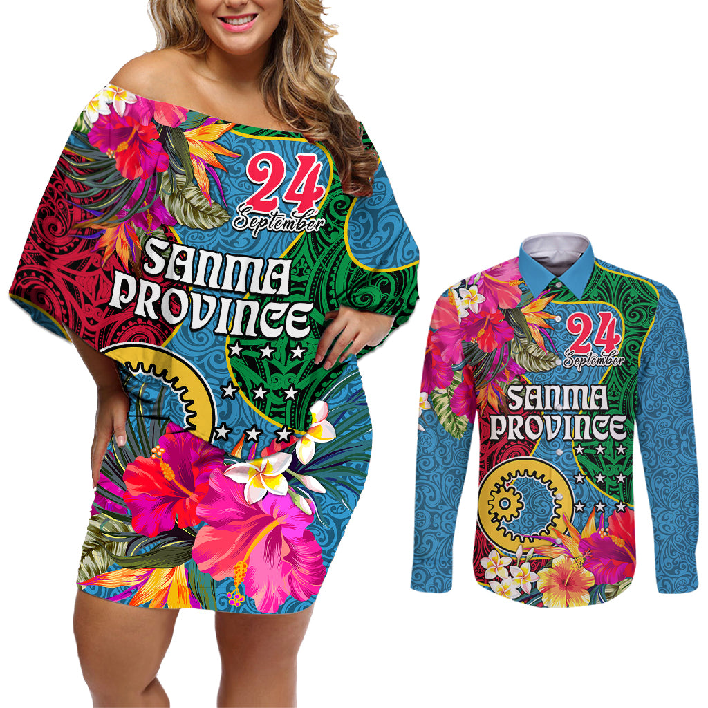 Sanma Day Couples Matching Off Shoulder Short Dress and Long Sleeve Button Shirts Proud To Be A Ni-Van Beauty Pacific Flower LT03 Blue - Polynesian Pride