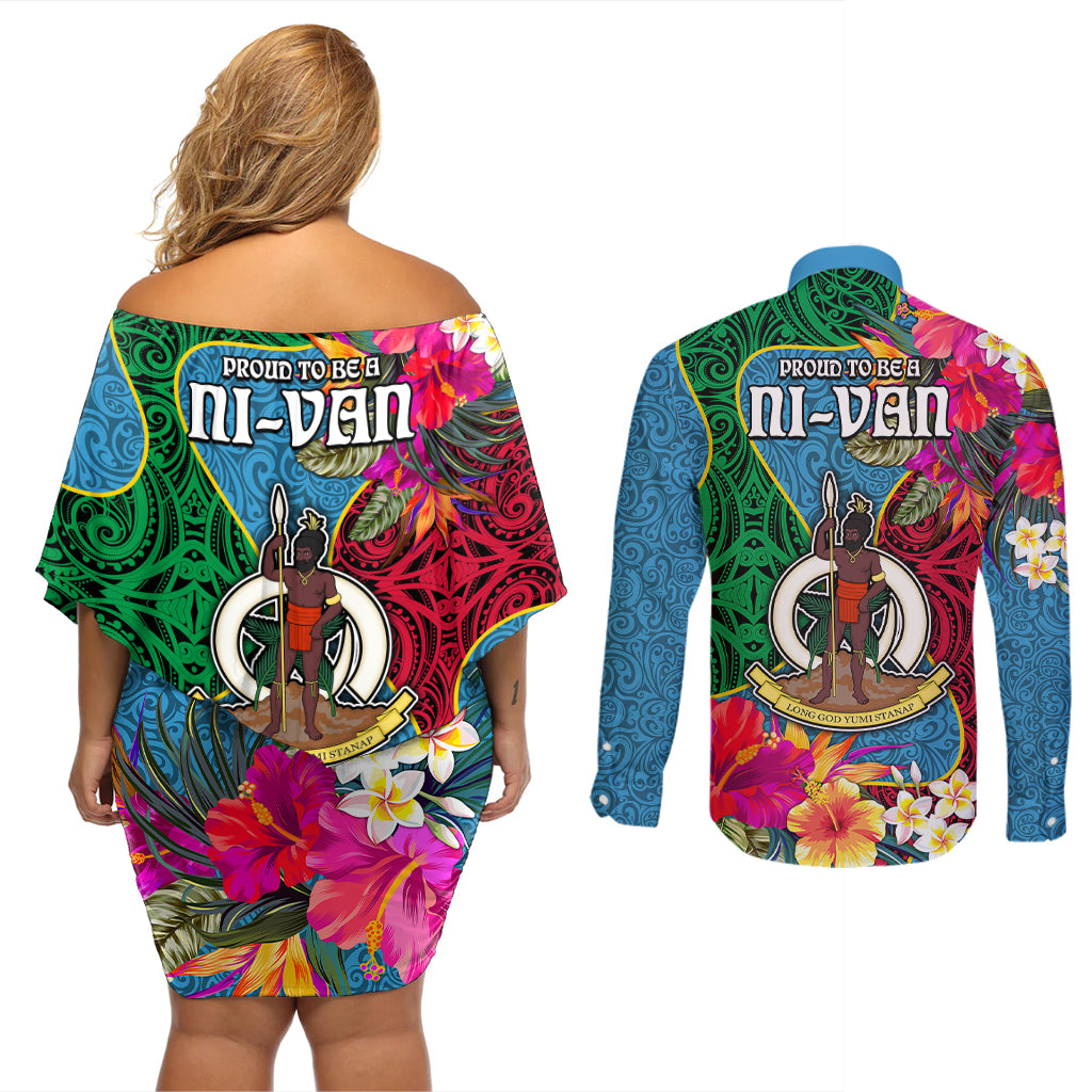 Sanma Day Couples Matching Off Shoulder Short Dress and Long Sleeve Button Shirts Proud To Be A Ni-Van Beauty Pacific Flower LT03 - Polynesian Pride