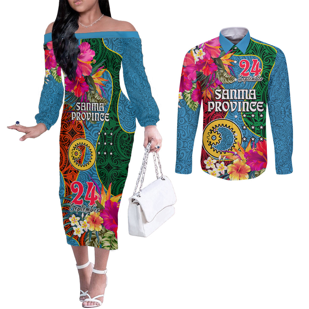 Sanma Day Couples Matching Off The Shoulder Long Sleeve Dress and Long Sleeve Button Shirts Proud To Be A Ni-Van Beauty Pacific Flower LT03 Blue - Polynesian Pride