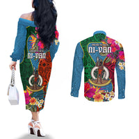 Sanma Day Couples Matching Off The Shoulder Long Sleeve Dress and Long Sleeve Button Shirts Proud To Be A Ni-Van Beauty Pacific Flower LT03 - Polynesian Pride