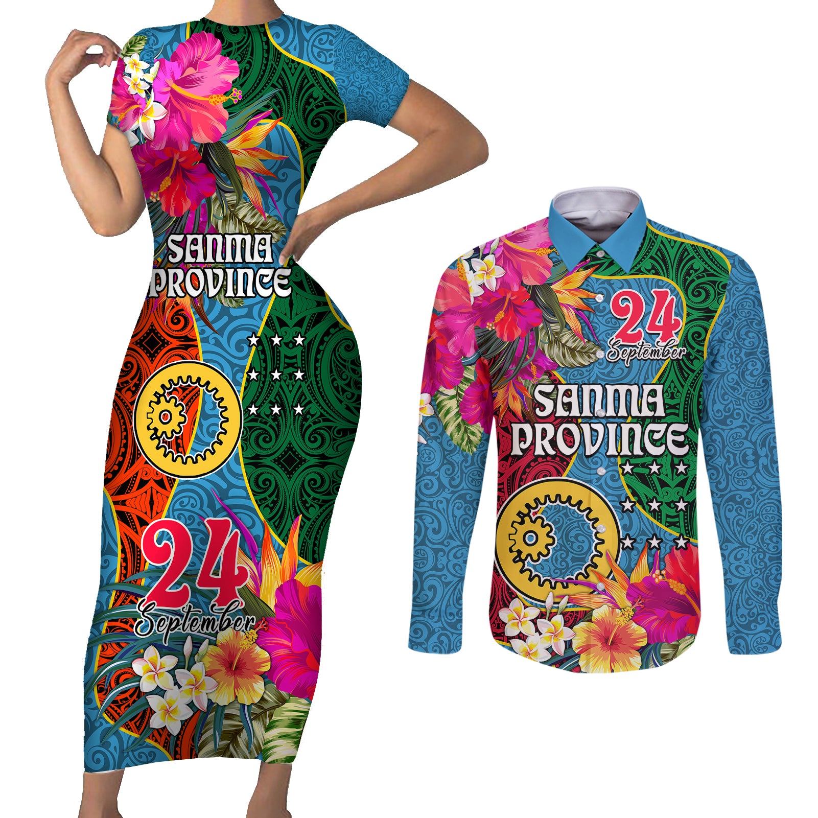 Sanma Day Couples Matching Short Sleeve Bodycon Dress and Long Sleeve Button Shirts Proud To Be A Ni-Van Beauty Pacific Flower LT03 Blue - Polynesian Pride