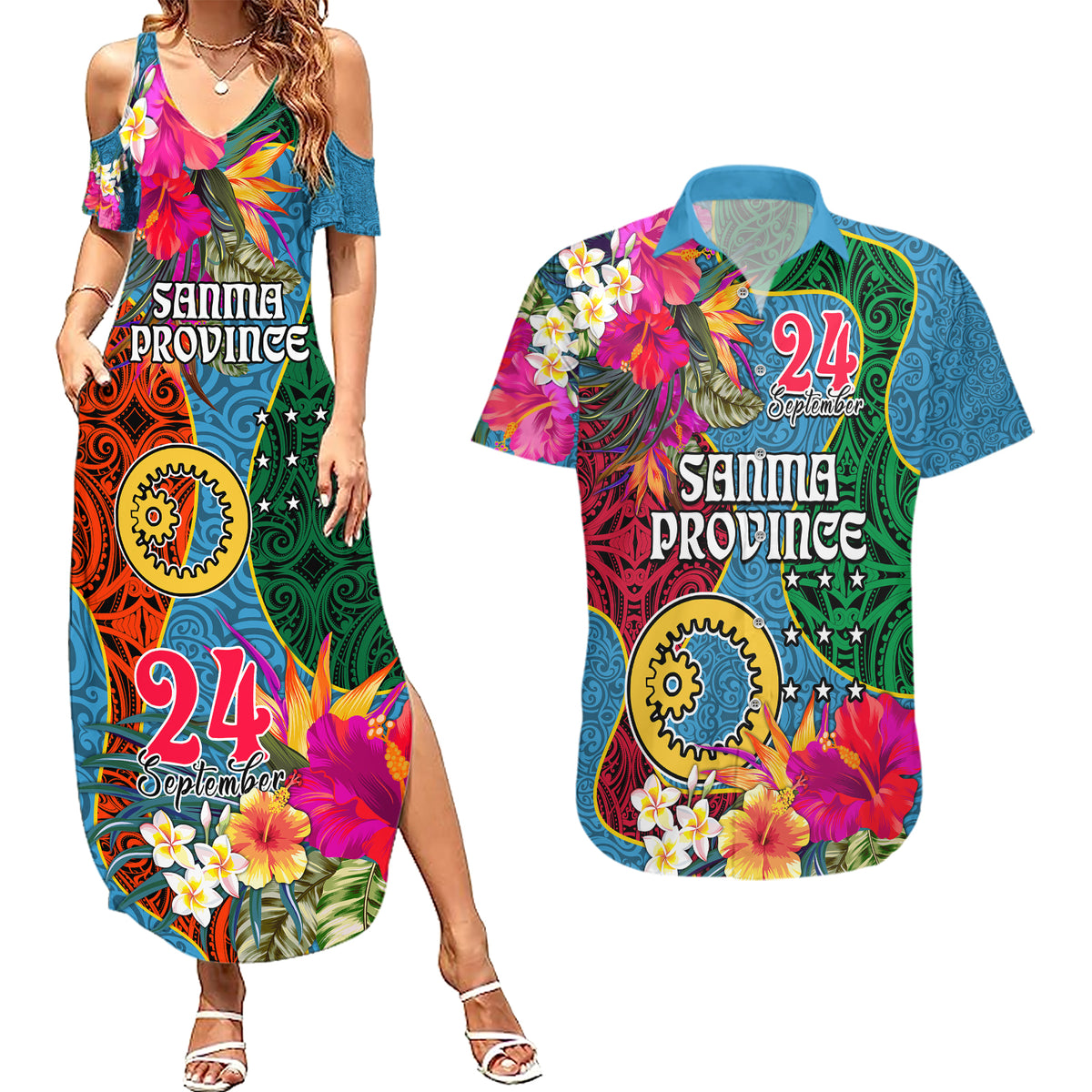 Sanma Day Couples Matching Summer Maxi Dress and Hawaiian Shirt Proud To Be A Ni-Van Beauty Pacific Flower LT03 Blue - Polynesian Pride
