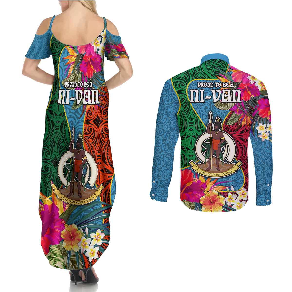 Sanma Day Couples Matching Summer Maxi Dress and Long Sleeve Button Shirts Proud To Be A Ni-Van Beauty Pacific Flower LT03 - Polynesian Pride
