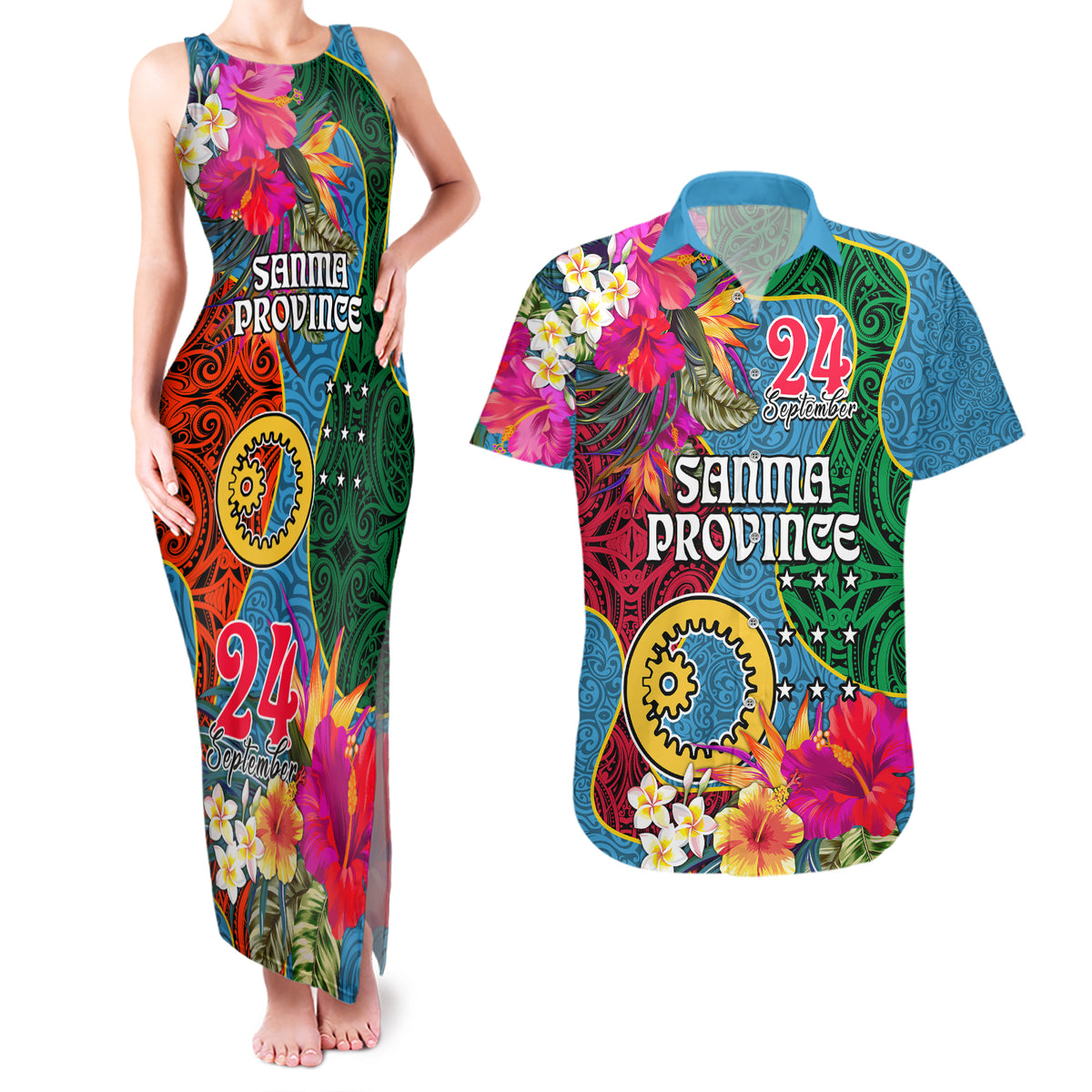 Sanma Day Couples Matching Tank Maxi Dress and Hawaiian Shirt Proud To Be A Ni-Van Beauty Pacific Flower LT03 Blue - Polynesian Pride