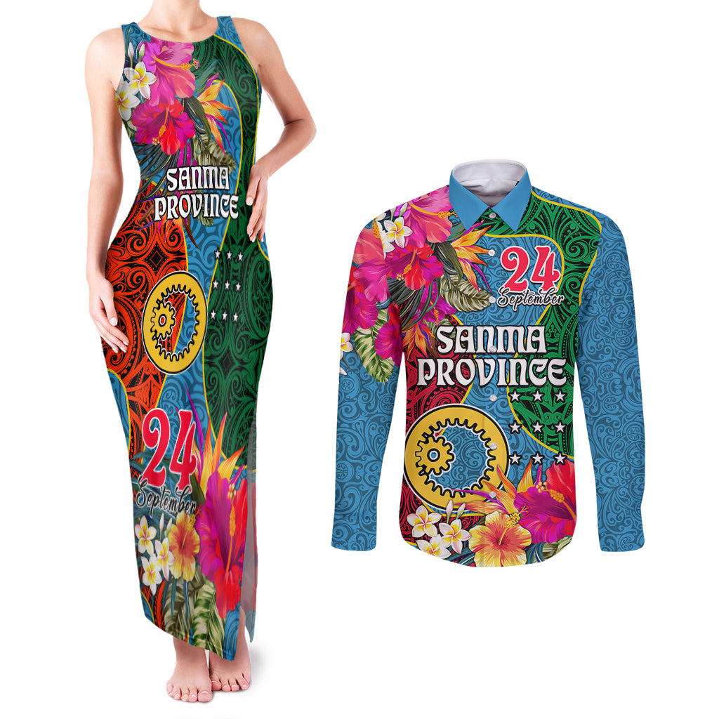 Sanma Day Couples Matching Tank Maxi Dress and Long Sleeve Button Shirts Proud To Be A Ni-Van Beauty Pacific Flower LT03 Blue - Polynesian Pride