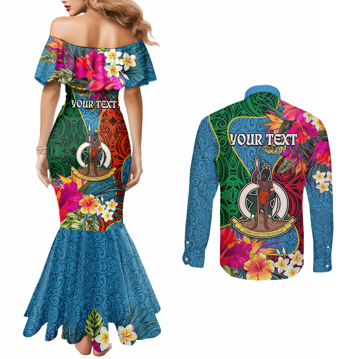 Personalised Sanma Day Couples Matching Mermaid Dress and Long Sleeve Button Shirts Proud To Be A Ni-Van Beauty Pacific Flower LT03 - Polynesian Pride