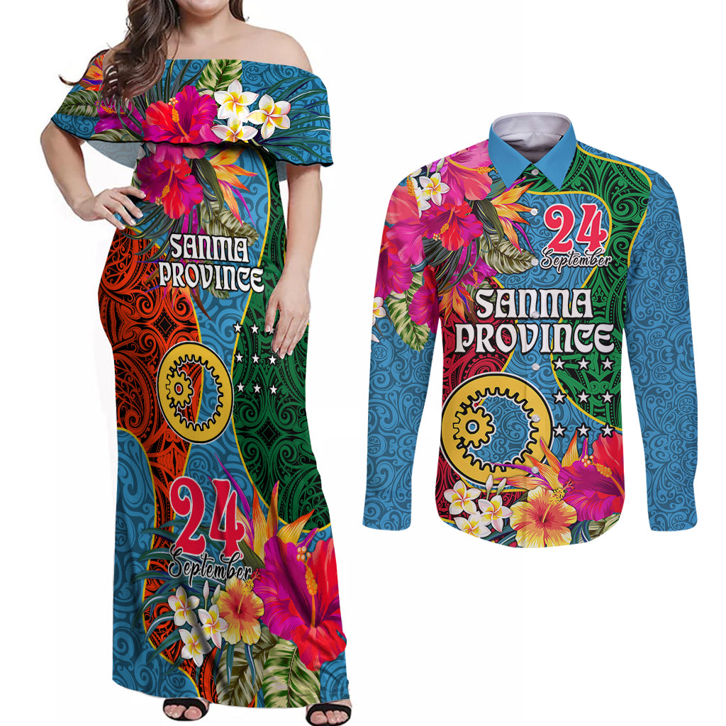 Personalised Sanma Day Couples Matching Off Shoulder Maxi Dress and Long Sleeve Button Shirts Proud To Be A Ni-Van Beauty Pacific Flower LT03 Blue - Polynesian Pride