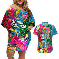 Personalised Sanma Day Couples Matching Off Shoulder Short Dress and Hawaiian Shirt Proud To Be A Ni-Van Beauty Pacific Flower LT03 Blue - Polynesian Pride