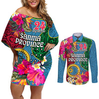 Personalised Sanma Day Couples Matching Off Shoulder Short Dress and Long Sleeve Button Shirts Proud To Be A Ni-Van Beauty Pacific Flower LT03 Blue - Polynesian Pride