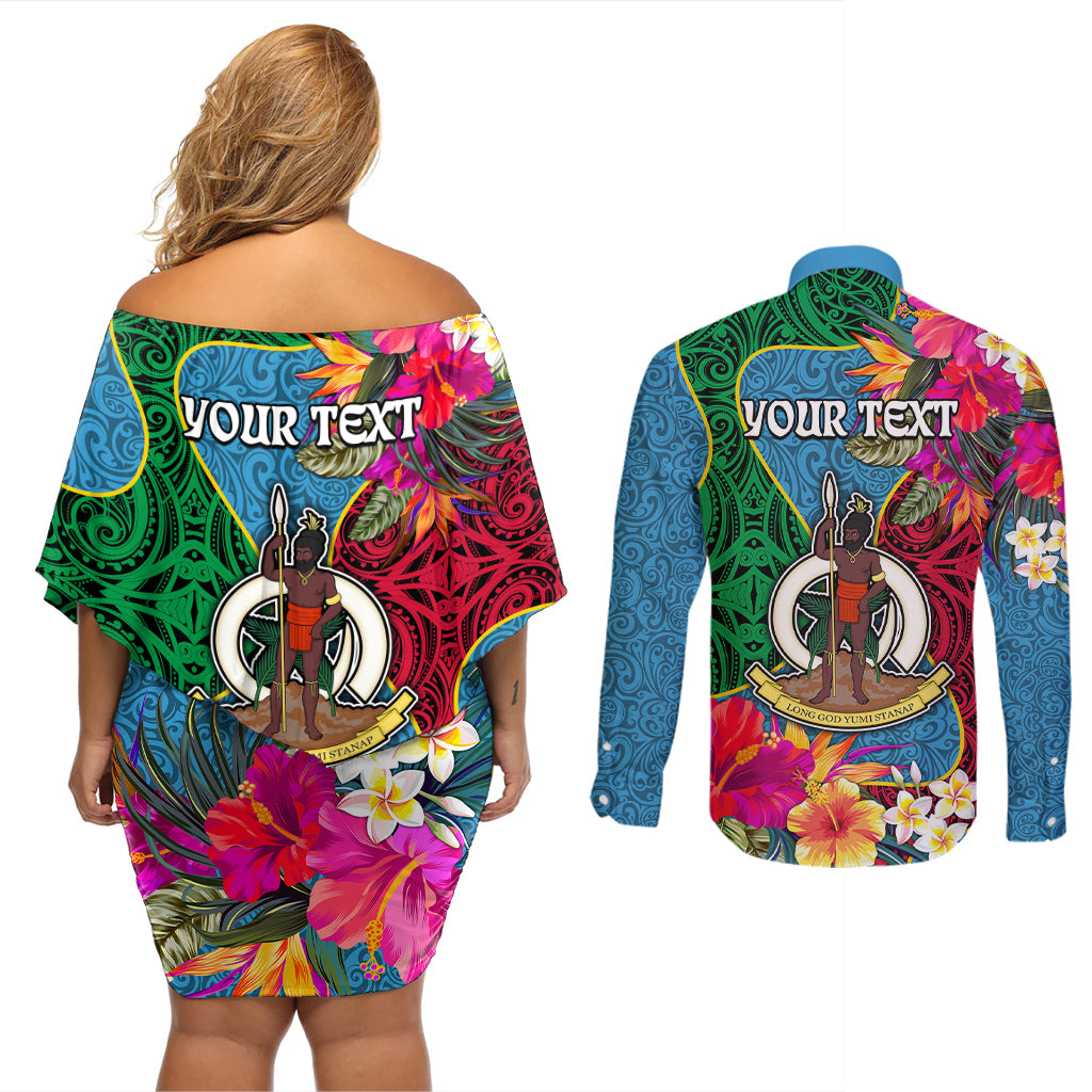 Personalised Sanma Day Couples Matching Off Shoulder Short Dress and Long Sleeve Button Shirts Proud To Be A Ni-Van Beauty Pacific Flower LT03 - Polynesian Pride