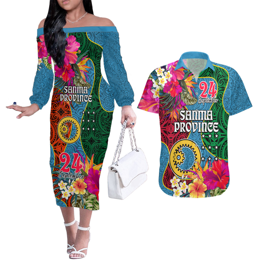 Personalised Sanma Day Couples Matching Off The Shoulder Long Sleeve Dress and Hawaiian Shirt Proud To Be A Ni-Van Beauty Pacific Flower LT03 Blue - Polynesian Pride