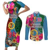 Personalised Sanma Day Couples Matching Short Sleeve Bodycon Dress and Long Sleeve Button Shirts Proud To Be A Ni-Van Beauty Pacific Flower LT03 Blue - Polynesian Pride