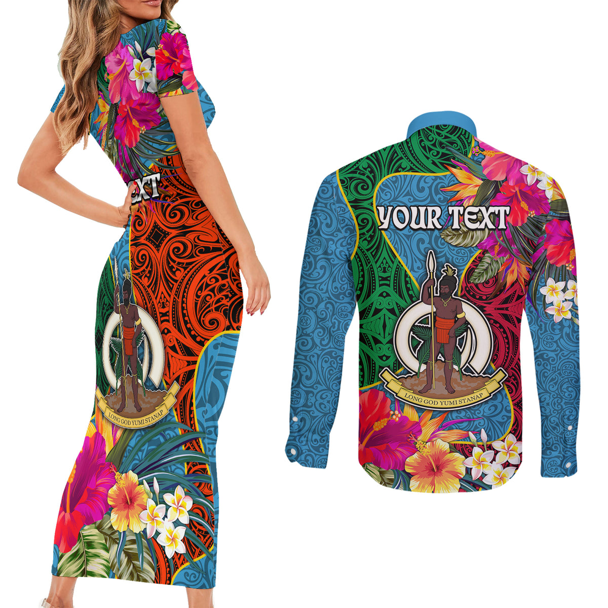 Personalised Sanma Day Couples Matching Short Sleeve Bodycon Dress and Long Sleeve Button Shirts Proud To Be A Ni-Van Beauty Pacific Flower LT03 - Polynesian Pride
