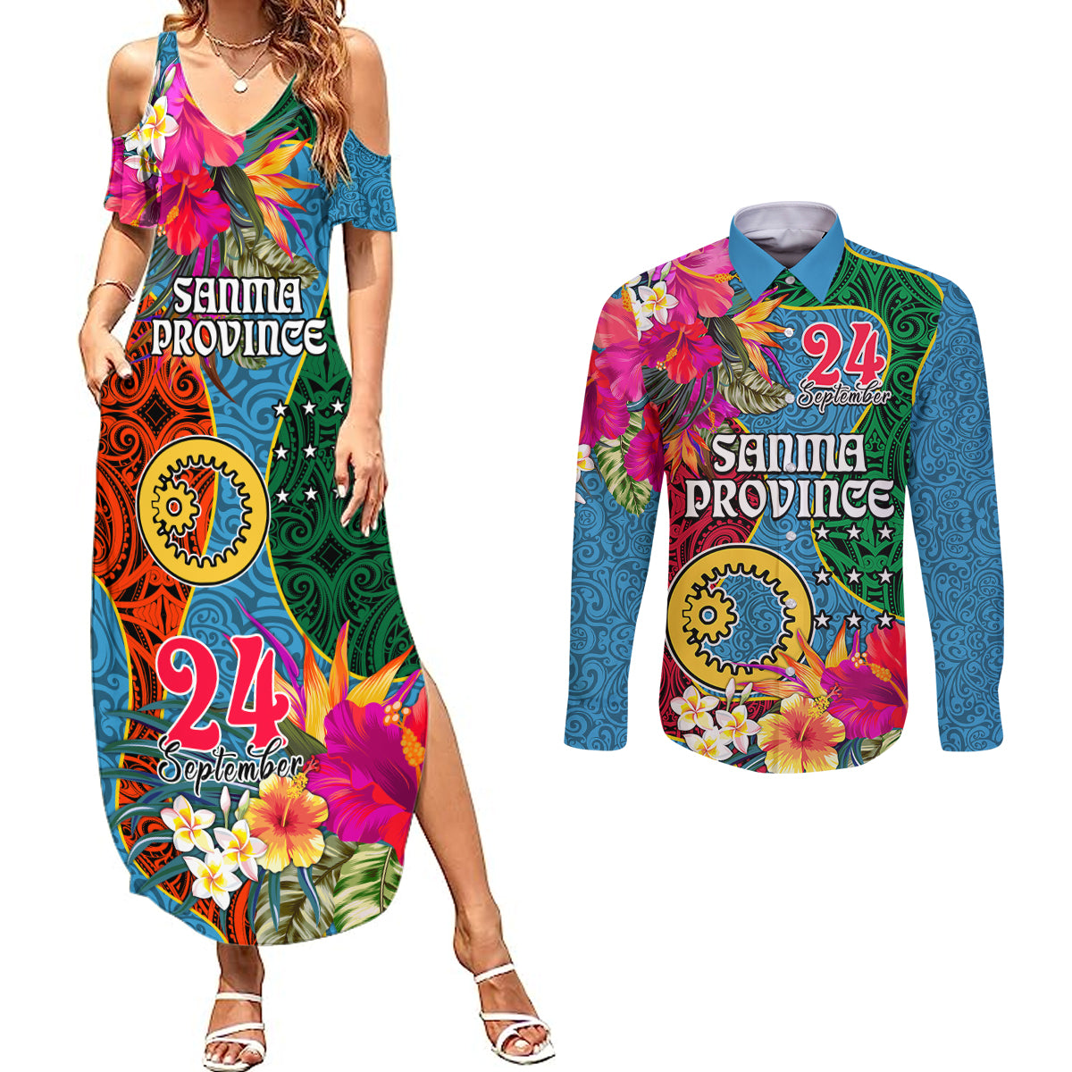 Personalised Sanma Day Couples Matching Summer Maxi Dress and Long Sleeve Button Shirts Proud To Be A Ni-Van Beauty Pacific Flower LT03 Blue - Polynesian Pride