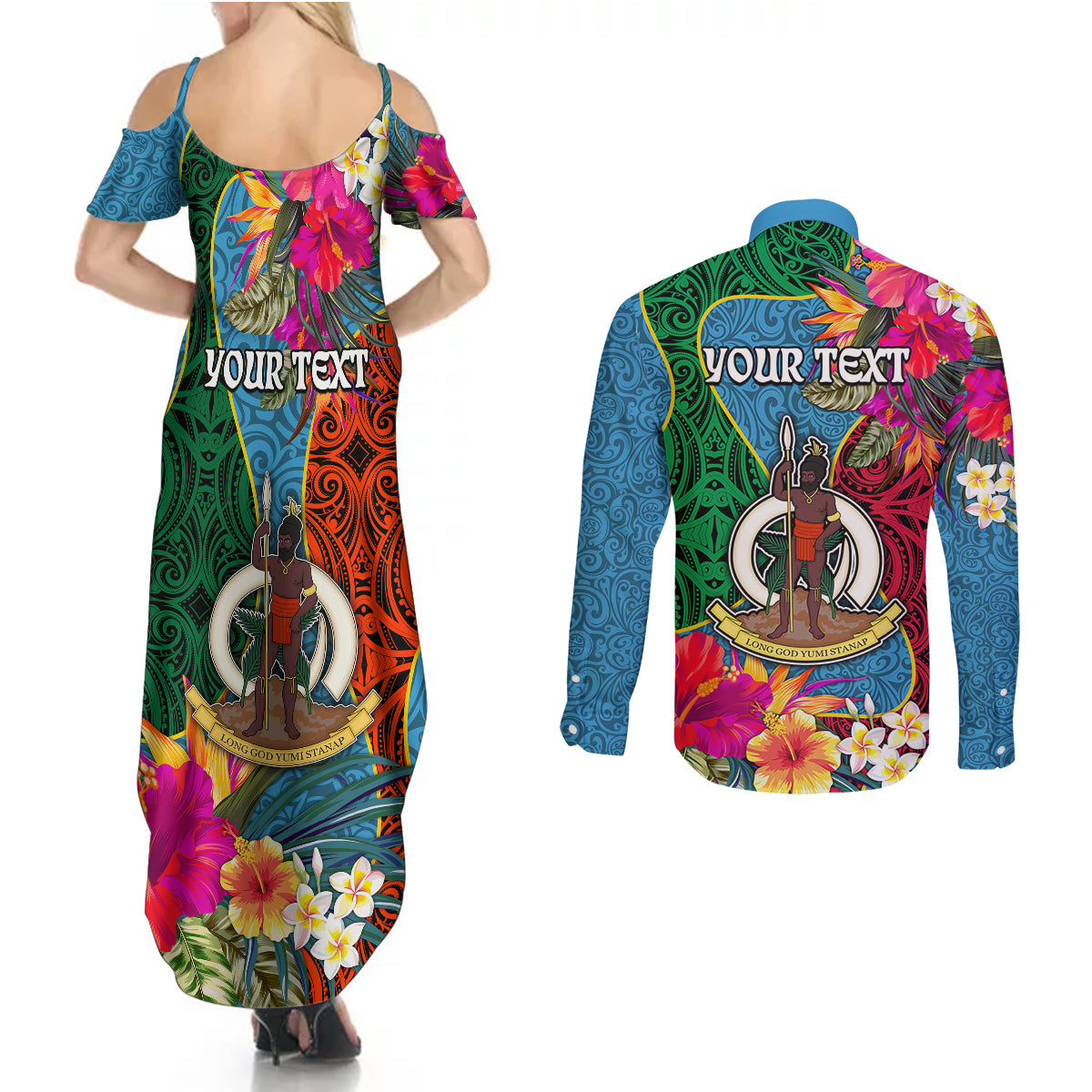 Personalised Sanma Day Couples Matching Summer Maxi Dress and Long Sleeve Button Shirts Proud To Be A Ni-Van Beauty Pacific Flower LT03 - Polynesian Pride