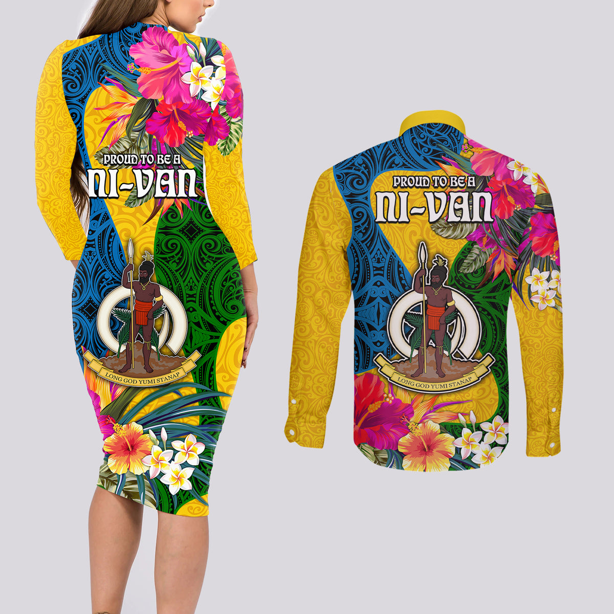 Malampa Day Couples Matching Long Sleeve Bodycon Dress and Long Sleeve Button Shirts Proud To Be A Ni-Van Beauty Pacific Flower LT03 - Polynesian Pride