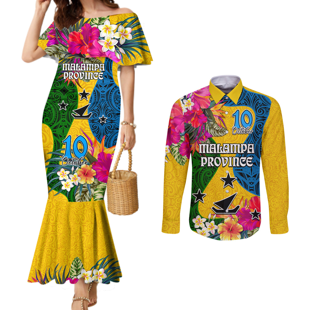 Malampa Day Couples Matching Mermaid Dress and Long Sleeve Button Shirts Proud To Be A Ni-Van Beauty Pacific Flower LT03 Yellow - Polynesian Pride