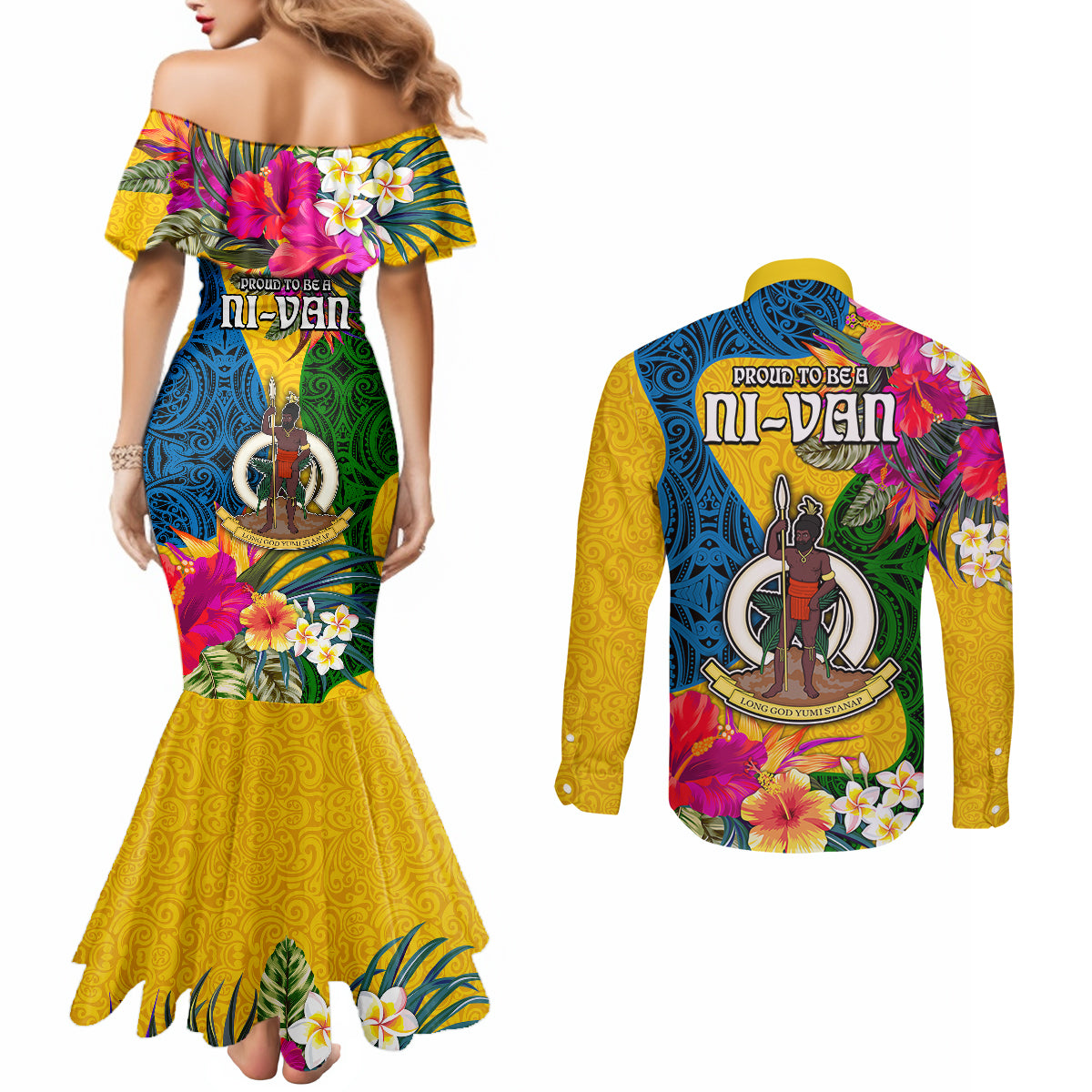 Malampa Day Couples Matching Mermaid Dress and Long Sleeve Button Shirts Proud To Be A Ni-Van Beauty Pacific Flower LT03 - Polynesian Pride