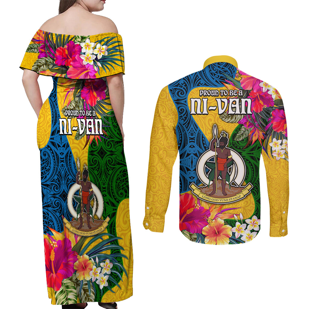 Malampa Day Couples Matching Off Shoulder Maxi Dress and Long Sleeve Button Shirts Proud To Be A Ni-Van Beauty Pacific Flower LT03 - Polynesian Pride