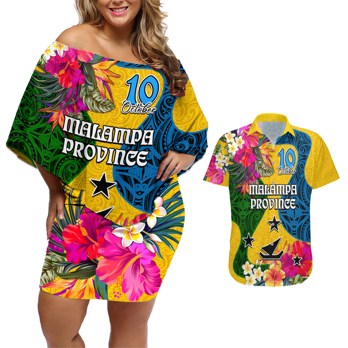Malampa Day Couples Matching Off Shoulder Short Dress and Hawaiian Shirt Proud To Be A Ni-Van Beauty Pacific Flower LT03 Yellow - Polynesian Pride