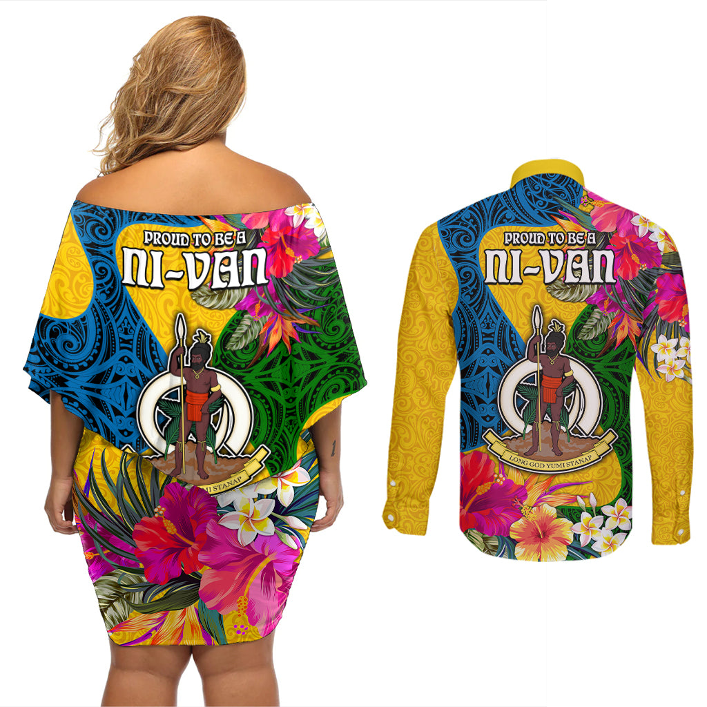 Malampa Day Couples Matching Off Shoulder Short Dress and Long Sleeve Button Shirts Proud To Be A Ni-Van Beauty Pacific Flower LT03 - Polynesian Pride