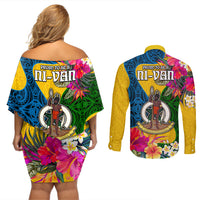 Malampa Day Couples Matching Off Shoulder Short Dress and Long Sleeve Button Shirts Proud To Be A Ni-Van Beauty Pacific Flower LT03 - Polynesian Pride