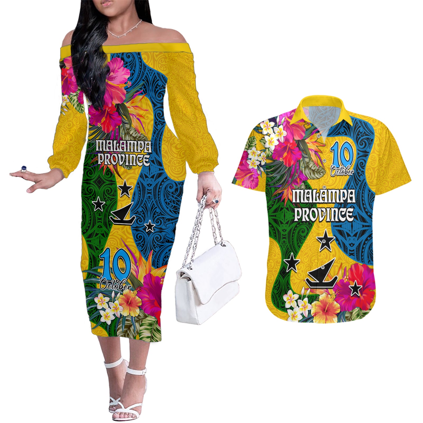 Malampa Day Couples Matching Off The Shoulder Long Sleeve Dress and Hawaiian Shirt Proud To Be A Ni-Van Beauty Pacific Flower LT03 Yellow - Polynesian Pride