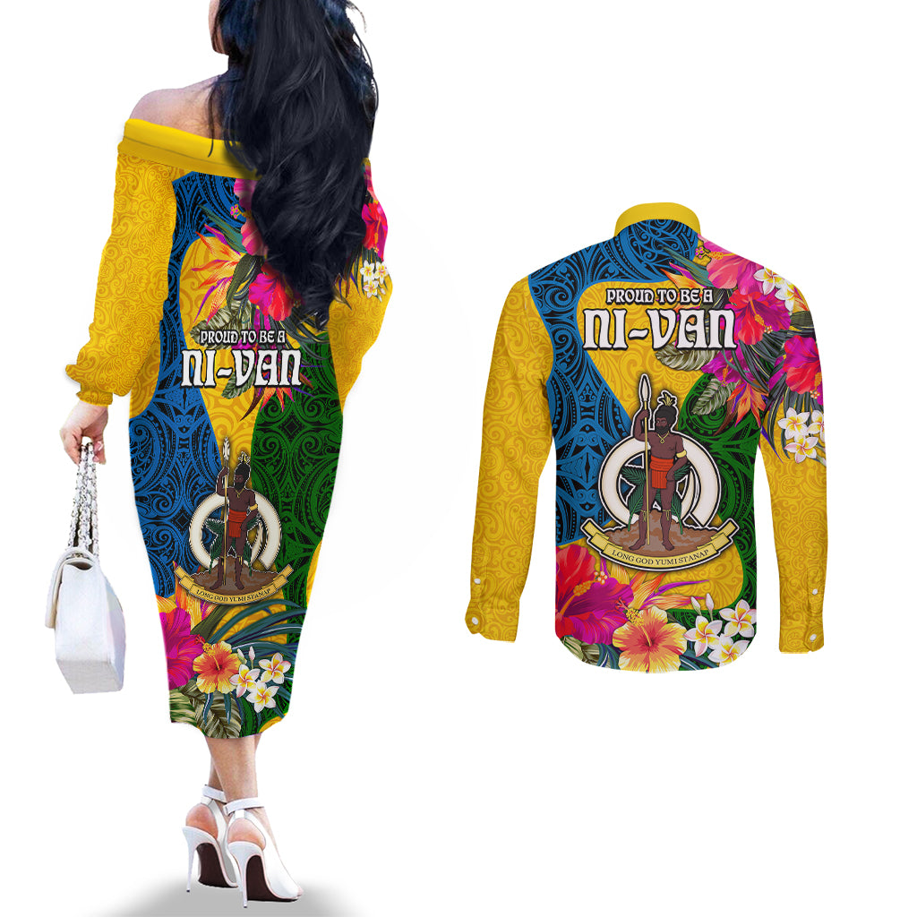 Malampa Day Couples Matching Off The Shoulder Long Sleeve Dress and Long Sleeve Button Shirts Proud To Be A Ni-Van Beauty Pacific Flower LT03 - Polynesian Pride