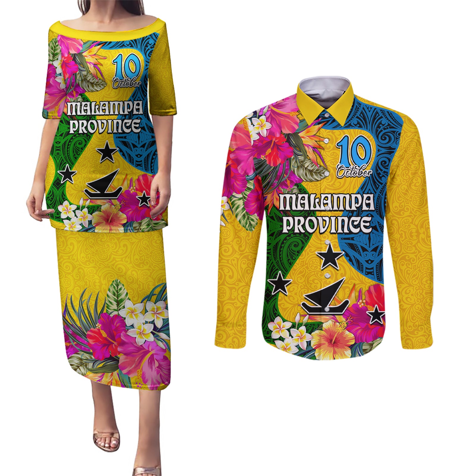 Malampa Day Couples Matching Puletasi Dress and Long Sleeve Button Shirts Proud To Be A Ni-Van Beauty Pacific Flower LT03 Yellow - Polynesian Pride