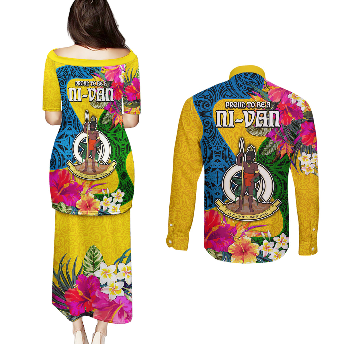 Malampa Day Couples Matching Puletasi Dress and Long Sleeve Button Shirts Proud To Be A Ni-Van Beauty Pacific Flower LT03 - Polynesian Pride