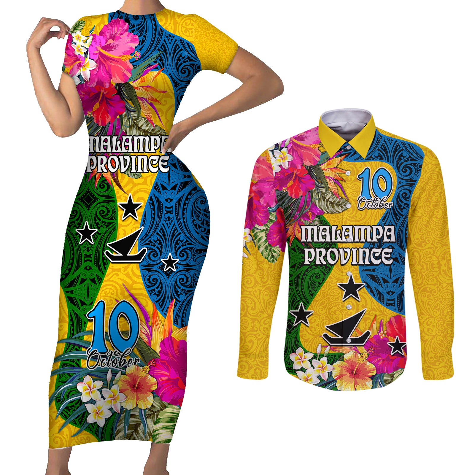 Malampa Day Couples Matching Short Sleeve Bodycon Dress and Long Sleeve Button Shirts Proud To Be A Ni-Van Beauty Pacific Flower LT03 Yellow - Polynesian Pride