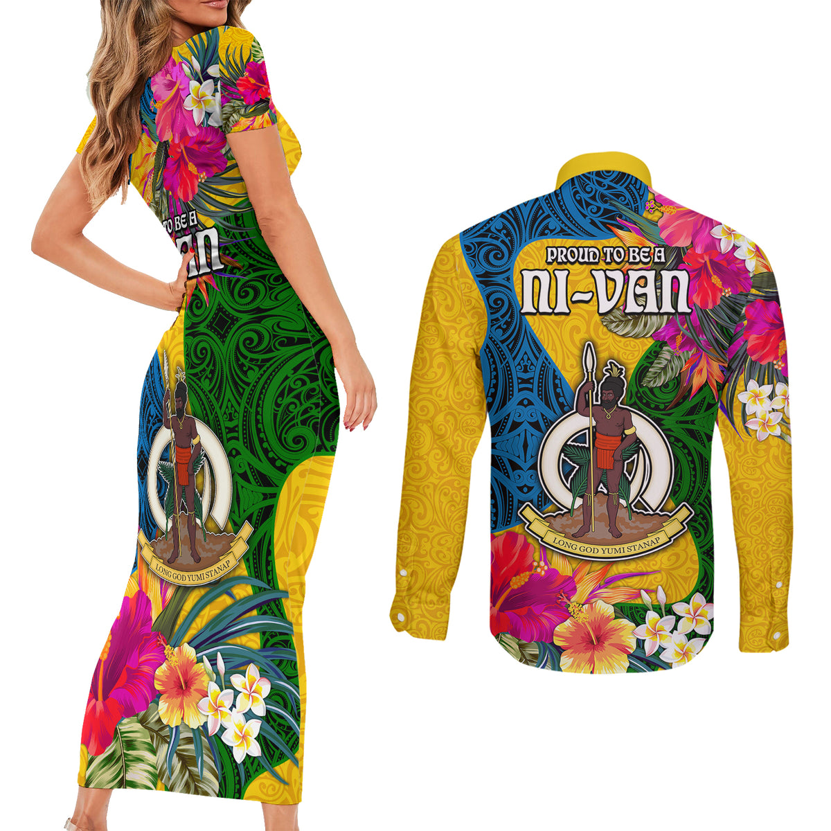Malampa Day Couples Matching Short Sleeve Bodycon Dress and Long Sleeve Button Shirts Proud To Be A Ni-Van Beauty Pacific Flower LT03 - Polynesian Pride