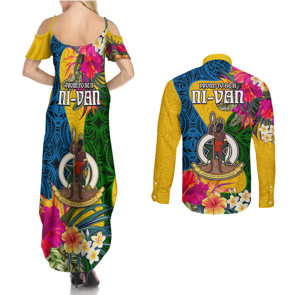 Malampa Day Couples Matching Summer Maxi Dress and Long Sleeve Button Shirts Proud To Be A Ni-Van Beauty Pacific Flower LT03 - Polynesian Pride