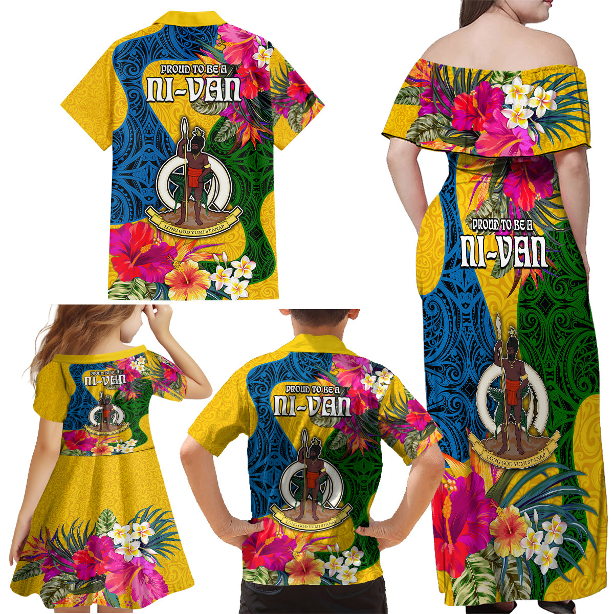 Malampa Day Family Matching Off Shoulder Maxi Dress and Hawaiian Shirt Proud To Be A Ni-Van Beauty Pacific Flower LT03 - Polynesian Pride