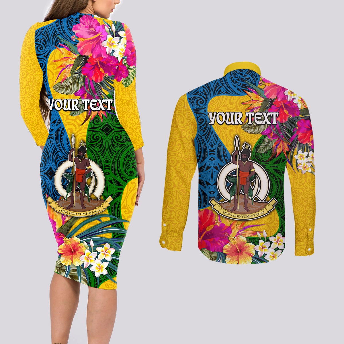 Personalised Malampa Day Couples Matching Long Sleeve Bodycon Dress and Long Sleeve Button Shirts Proud To Be A Ni-Van Beauty Pacific Flower LT03 - Polynesian Pride