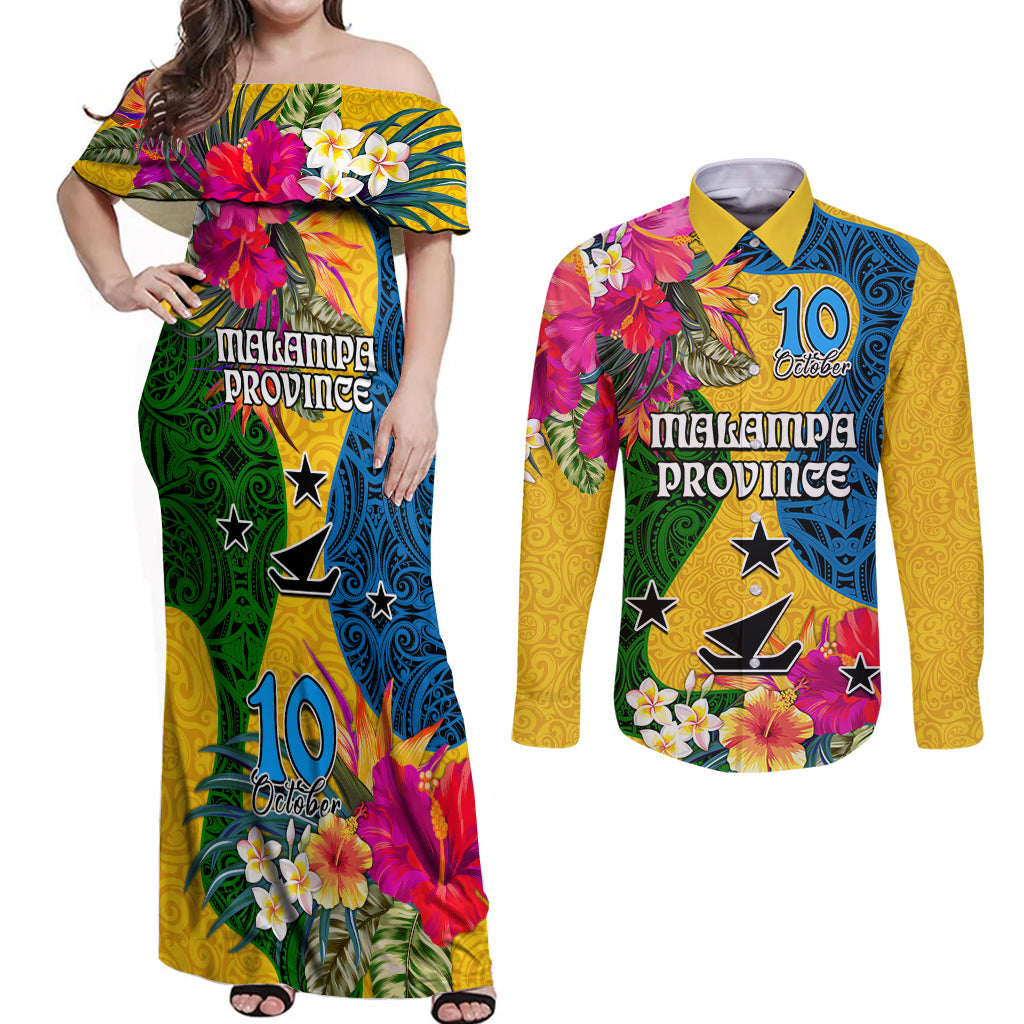 Personalised Malampa Day Couples Matching Off Shoulder Maxi Dress and Long Sleeve Button Shirts Proud To Be A Ni-Van Beauty Pacific Flower LT03 Yellow - Polynesian Pride