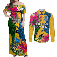 Personalised Malampa Day Couples Matching Off Shoulder Maxi Dress and Long Sleeve Button Shirts Proud To Be A Ni-Van Beauty Pacific Flower LT03 Yellow - Polynesian Pride